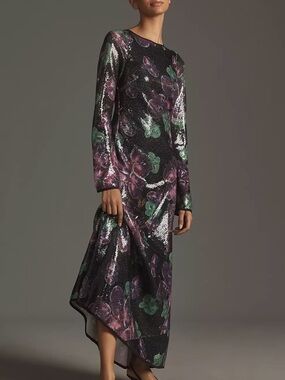 Sequin Floral Long-Sleeve Evening Dress - Black with Purple & Green size Large.